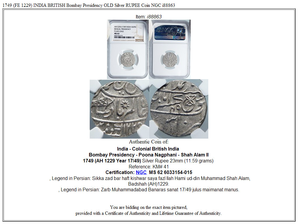 1749 (FE 1229) INDIA BRITISH Bombay Presidency OLD Silver RUPEE Coin NGC i88863