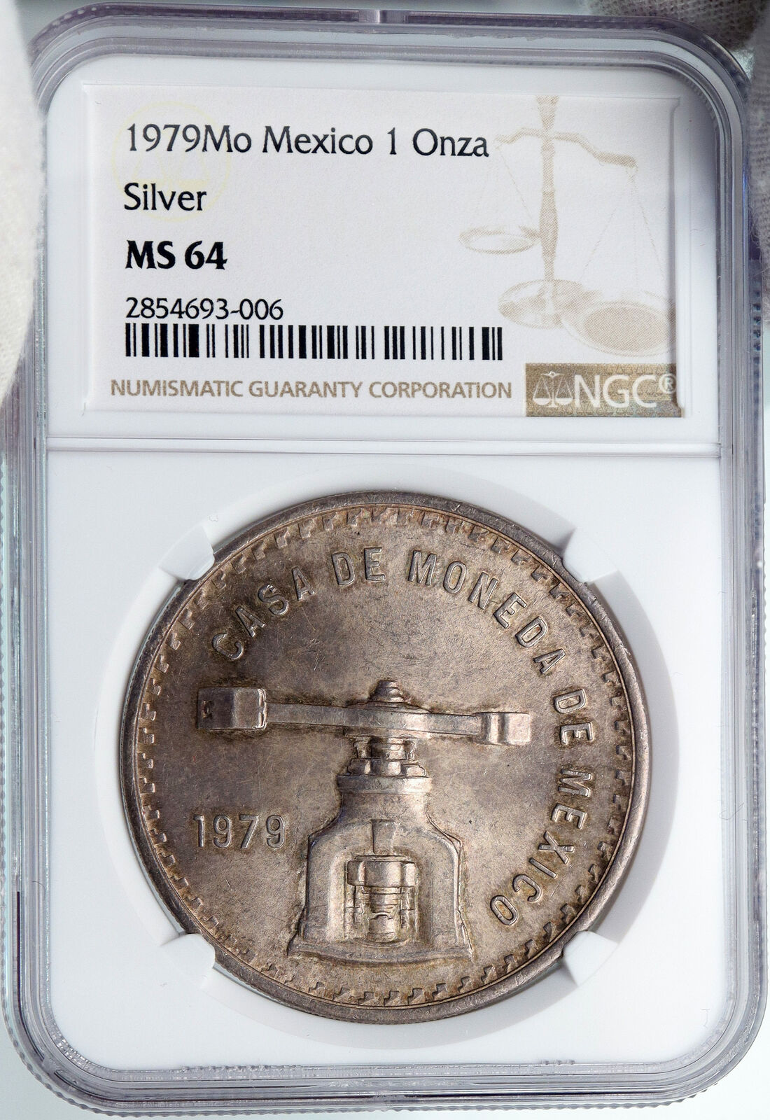 1979 MEXICO Huge Medallic 4.1cm SILVER Onza Mexican COIN PRESS Scales NGC i88912