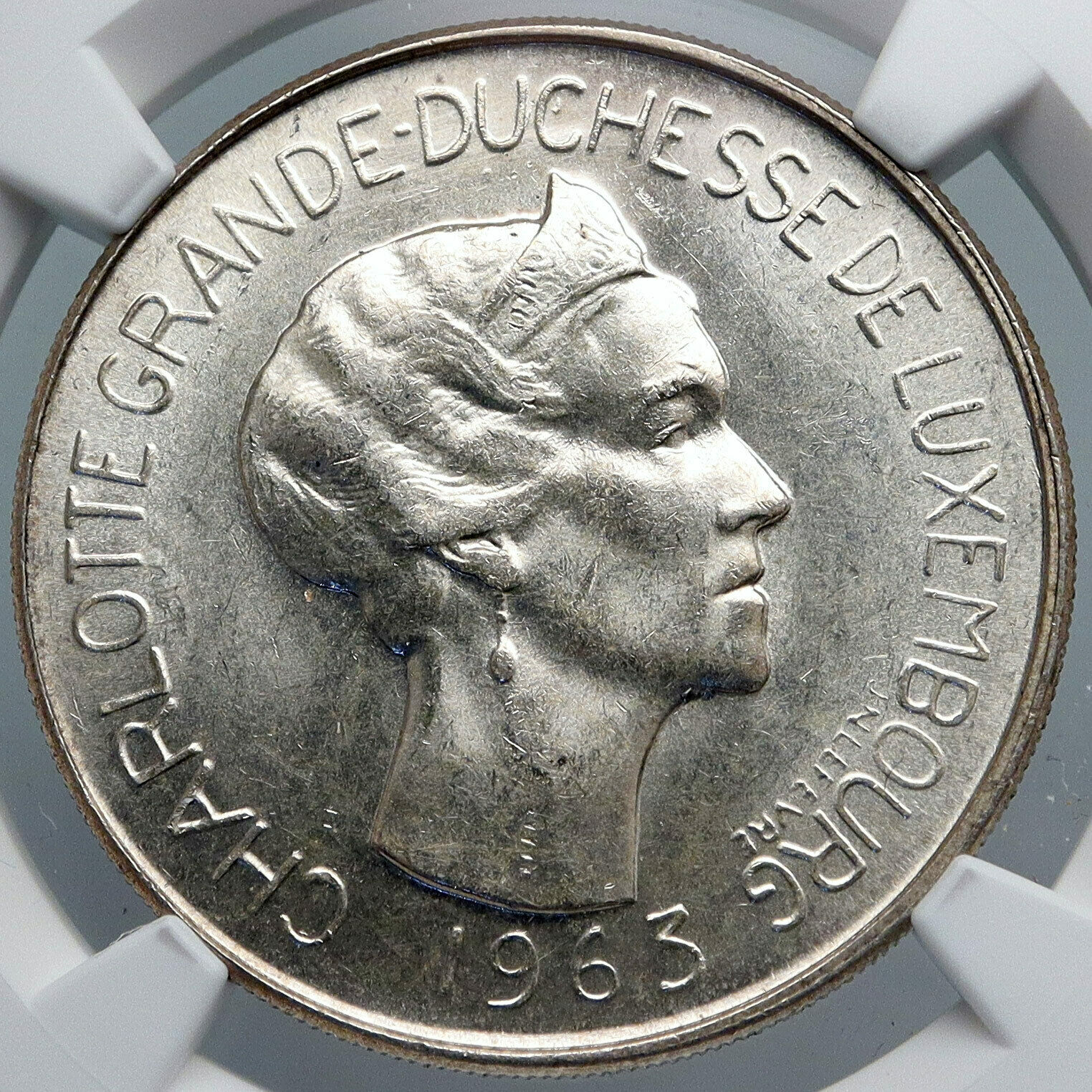 1963 LUXEMBOURG Dutchess Charlotte John Blind Silver 100 Francs Coin NGC i88911