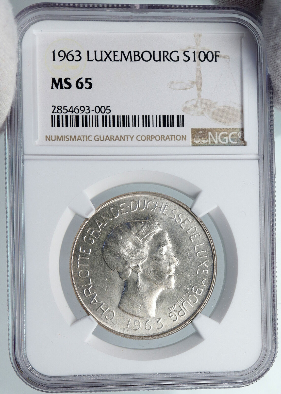 1963 LUXEMBOURG Dutchess Charlotte John Blind Silver 100 Francs Coin NGC i88911