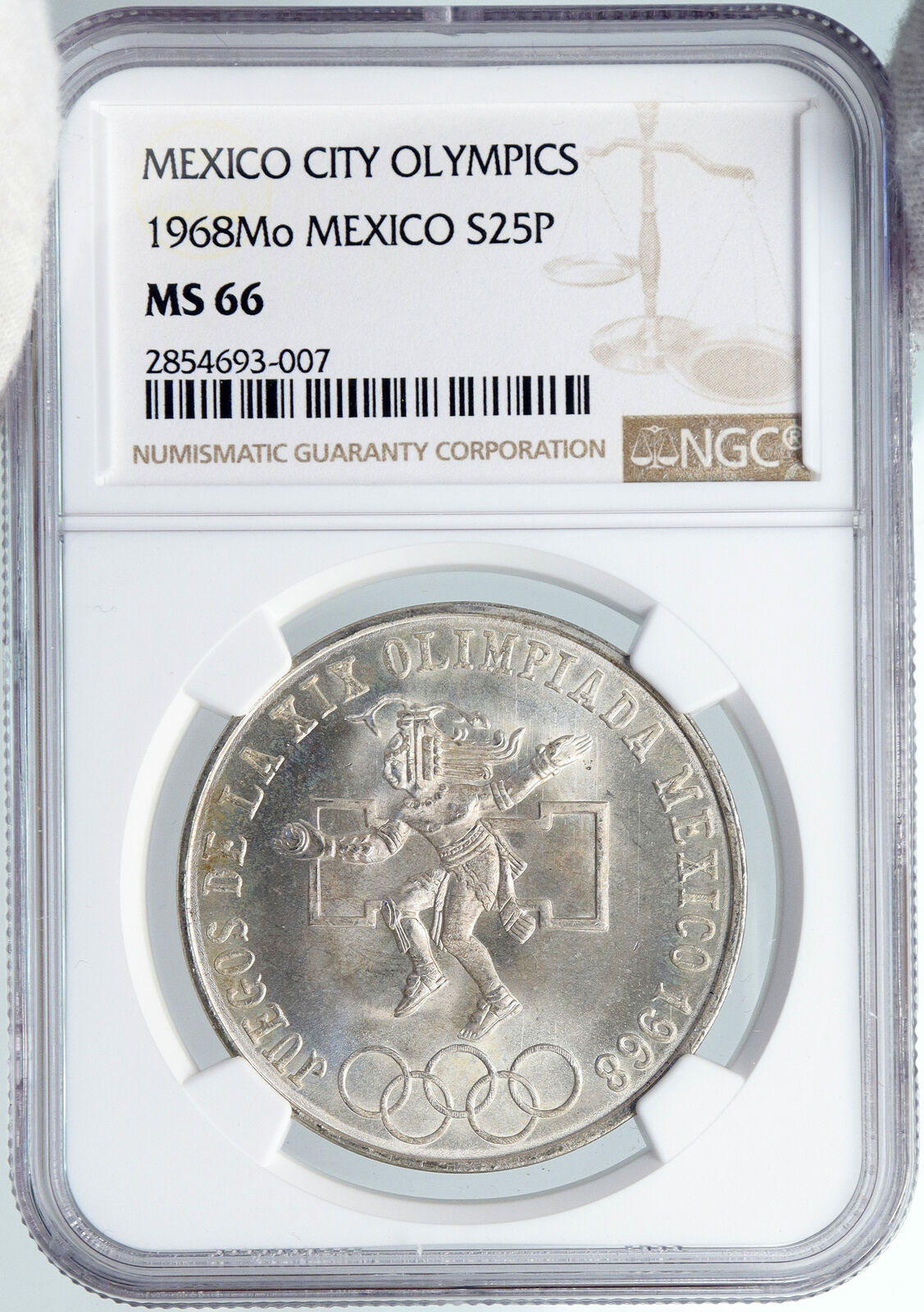 1968 Mexico XIX Olympic Games AZTEC Ball Player 25 Pesos Silver Coin NGC i88913