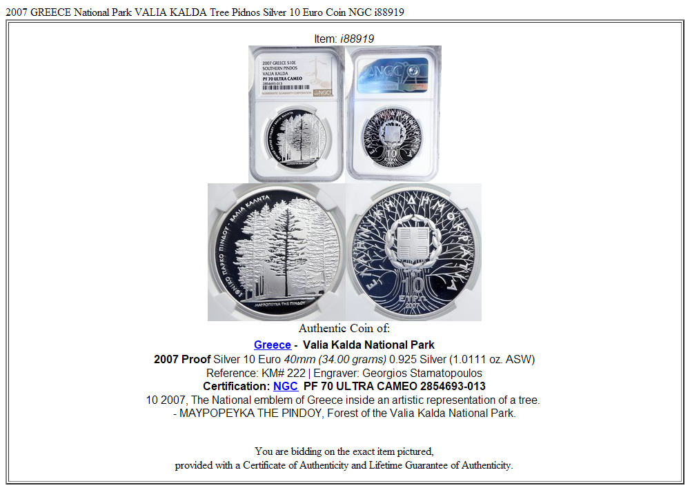 2007 GREECE National Park VALIA KALDA Tree Pidnos Silver 10 Euro Coin NGC i88919