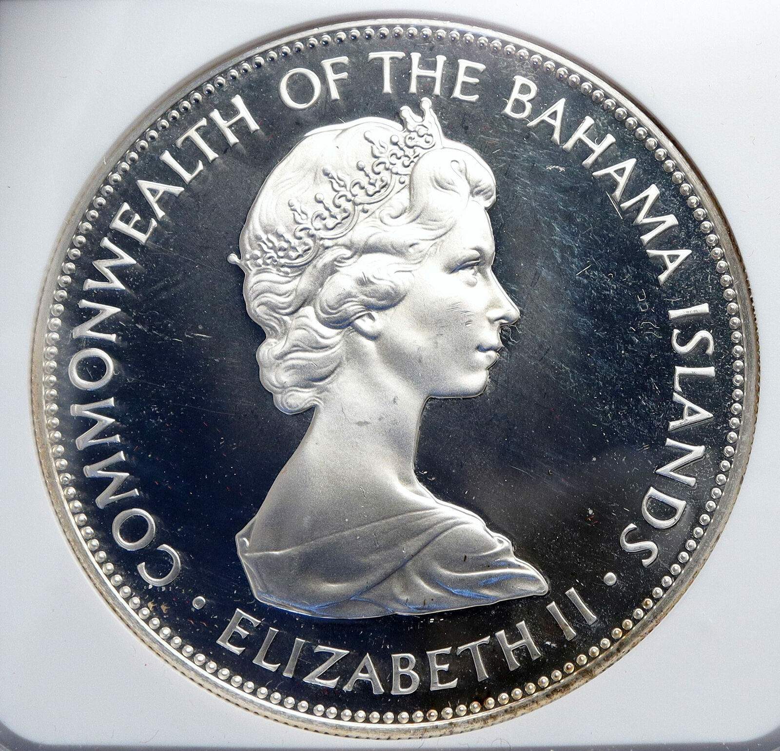 1973 BAHAMAS Elizabeth II PIRATE DEFEAT MOTTO Proof Silver $5 Coin NGC i88917