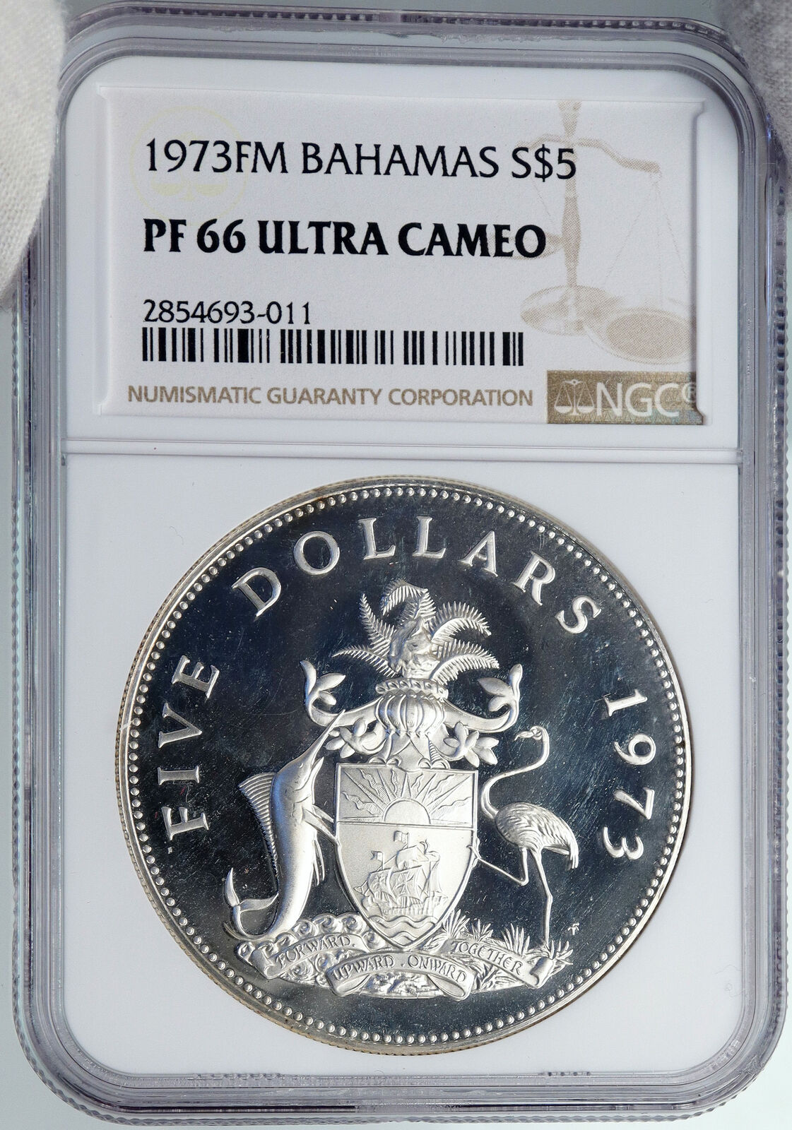 1973 BAHAMAS Elizabeth II PIRATE DEFEAT MOTTO Proof Silver $5 Coin NGC i88917