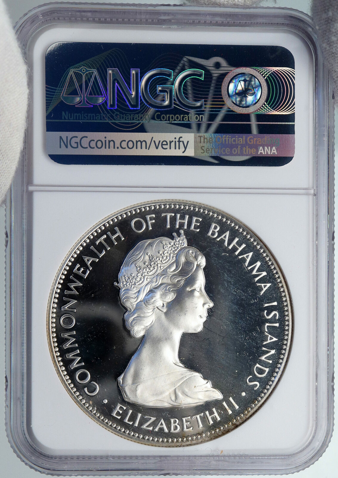 1973 BAHAMAS Elizabeth II PIRATE DEFEAT MOTTO Proof Silver $5 Coin NGC i88917