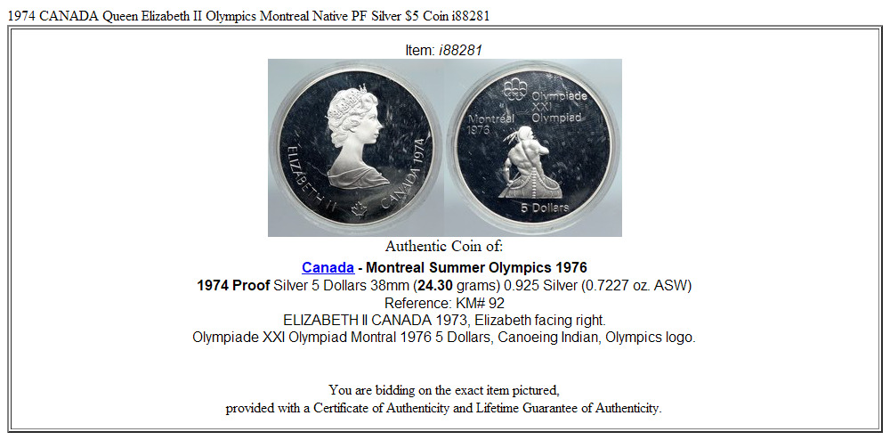 1974 CANADA Queen Elizabeth II Olympics Montreal Native PF Silver $5 Coin i88281