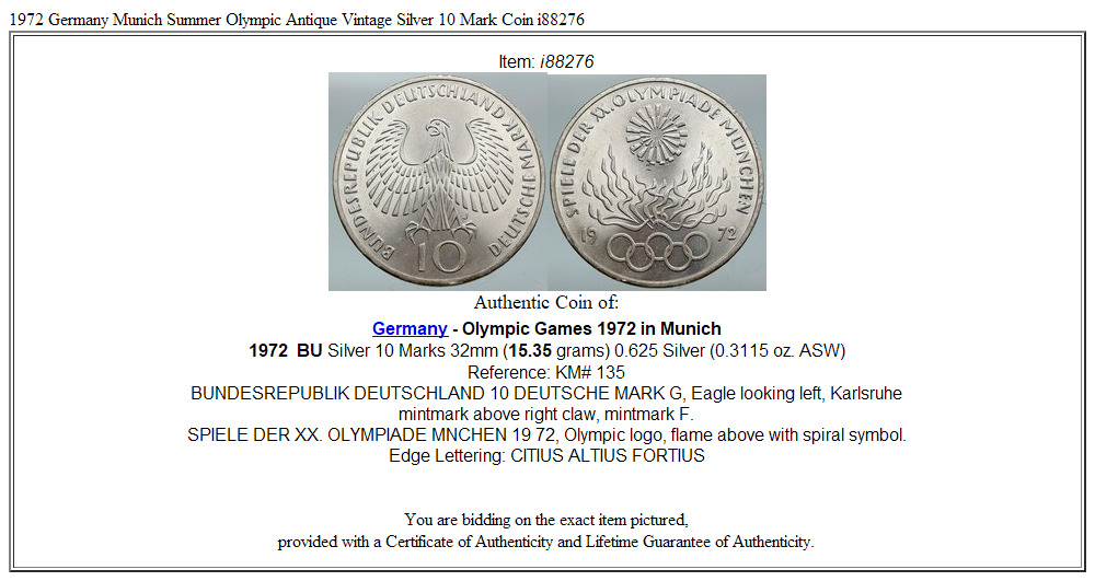 1972 Germany Munich Summer Olympic Antique Vintage Silver 10 Mark Coin i88276