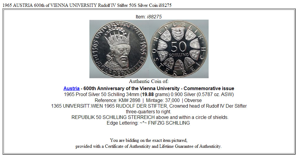 1965 AUSTRIA 600th of VIENNA UNIVERSITY Rudolf IV Stifter 50S Silver Coin i88275