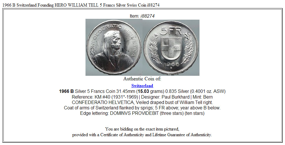 1966 B Switzerland Founding HERO WILLIAM TELL 5 Francs Silver Swiss Coin i88274