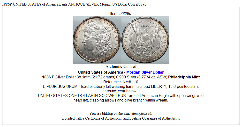 1886P UNITED STATES of America Eagle ANTIQUE SILVER Morgan US Dollar Coin i88290