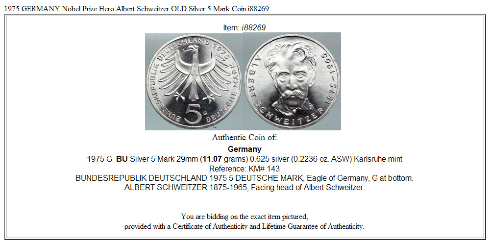 1975 GERMANY Nobel Prize Hero Albert Schweitzer OLD Silver 5 Mark Coin i88269