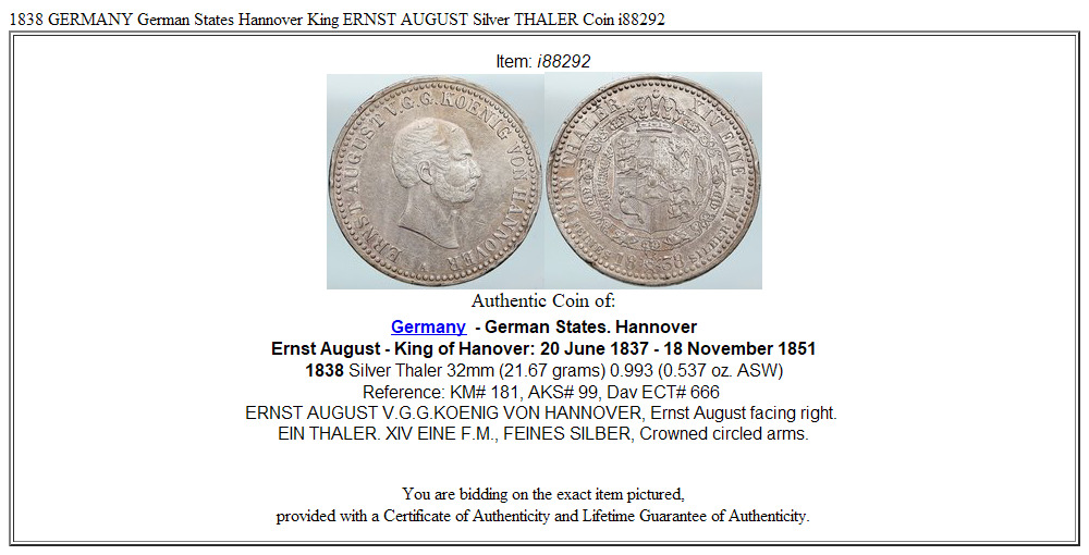 1838 GERMANY German States Hannover King ERNST AUGUST Silver THALER Coin i88292