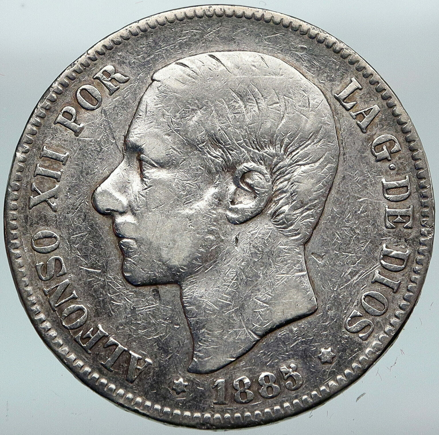 1885 SPAIN w King ALFONSO XII Antique OLD SPANISH Silver 5 Pesetas Coin i88268