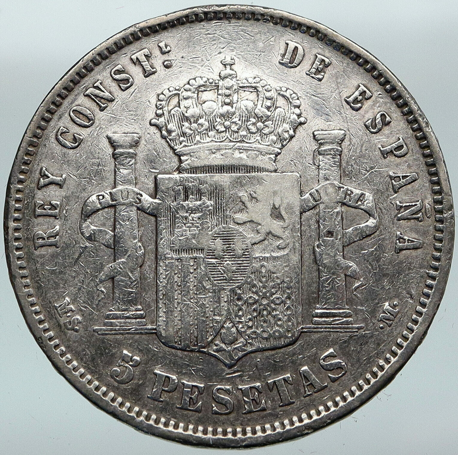 1885 SPAIN w King ALFONSO XII Antique OLD SPANISH Silver 5 Pesetas Coin i88268