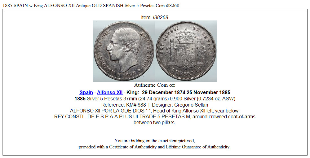 1885 SPAIN w King ALFONSO XII Antique OLD SPANISH Silver 5 Pesetas Coin i88268