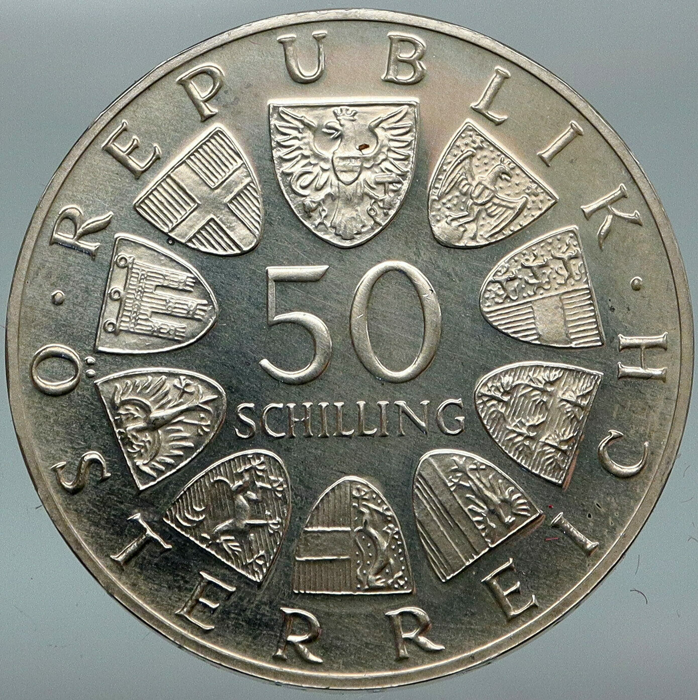 1965 AUSTRIA 600th of VIENNA UNIVERSITY Rudolf IV Stifter 50S Silver Coin i88271