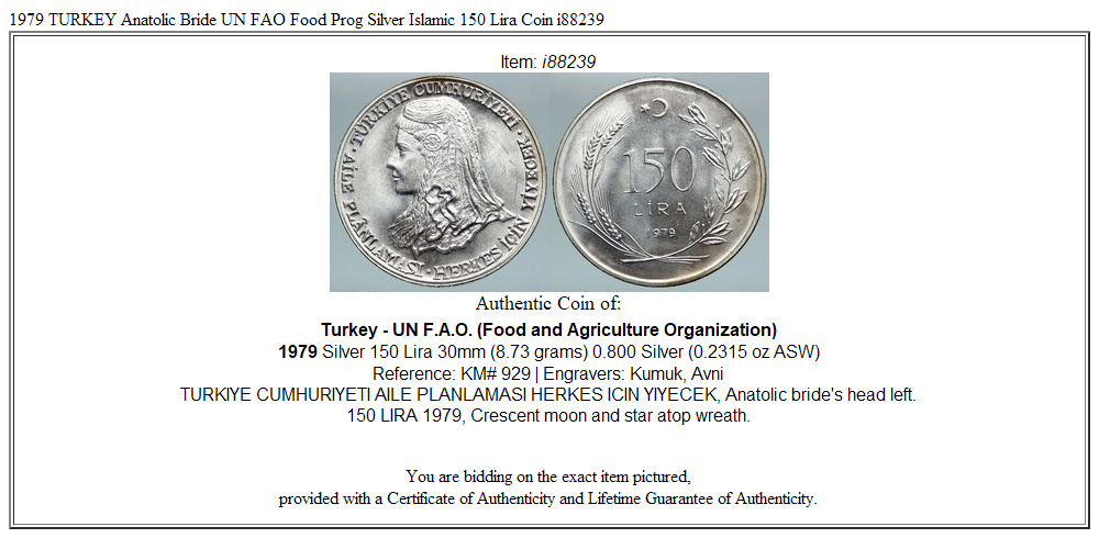 1979 TURKEY Anatolic Bride UN FAO Food Prog Silver Islamic 150 Lira Coin i88239