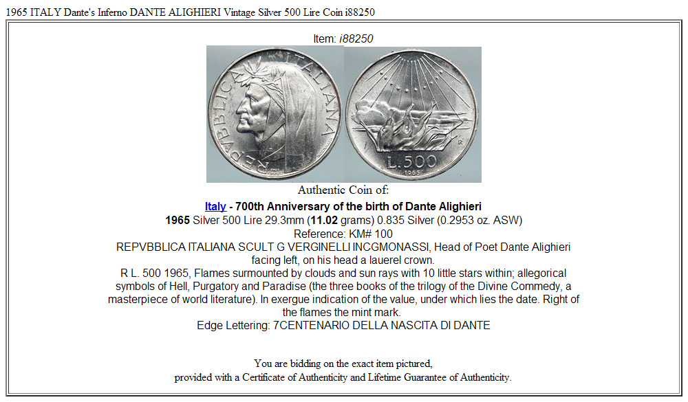 1965 ITALY Dante's Inferno DANTE ALIGHIERI Vintage Silver 500 Lire Coin i88250