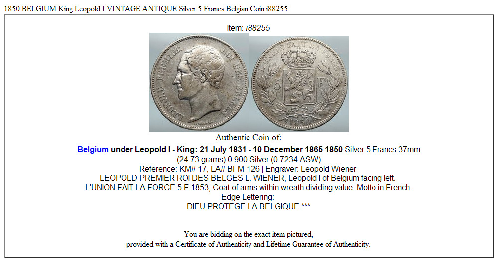 1850 BELGIUM King Leopold I VINTAGE ANTIQUE Silver 5 Francs Belgian Coin i88255