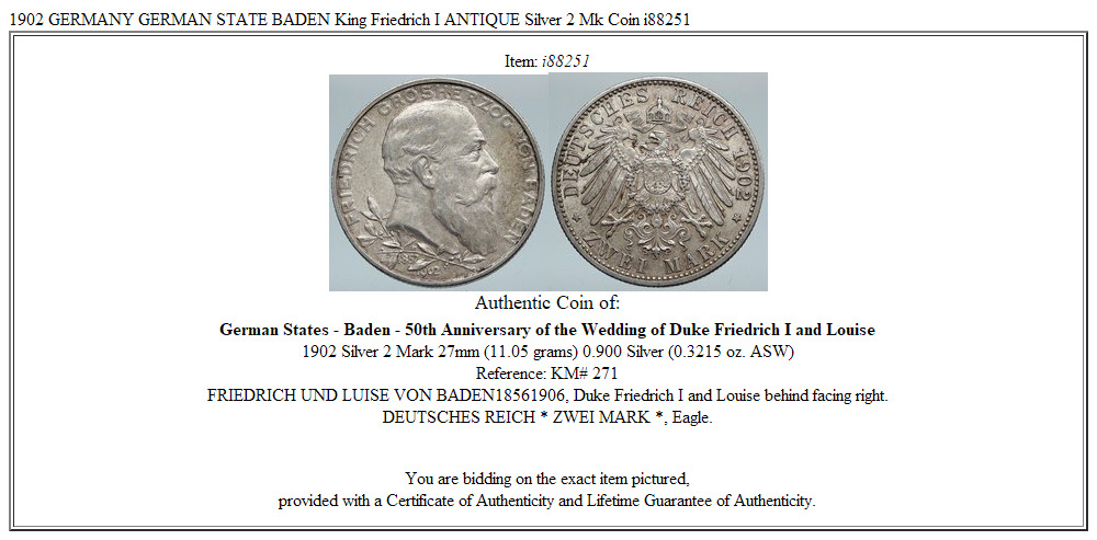 1902 GERMANY GERMAN STATE BADEN King Friedrich I ANTIQUE Silver 2 Mk Coin i88251