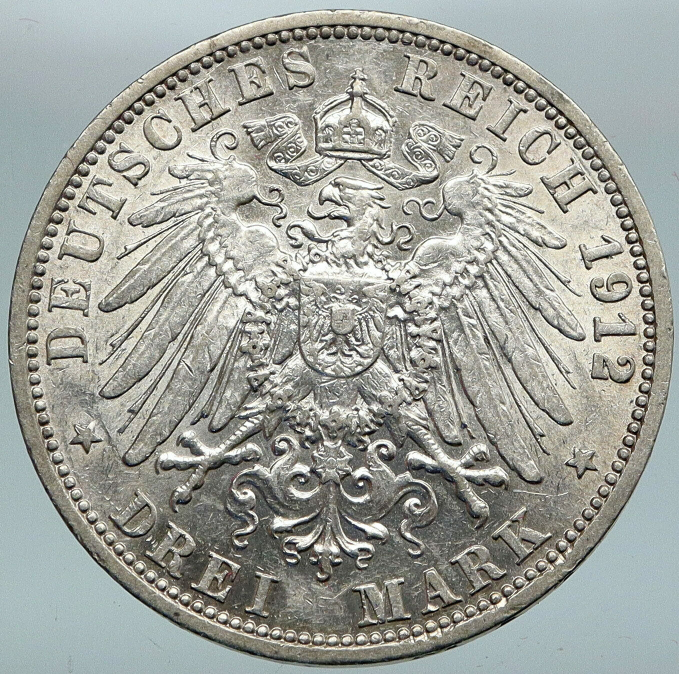 1912 PRUSSIA KINGDOM Germany WILHELM II Genuine Silver 3 Mark German Coin i88249