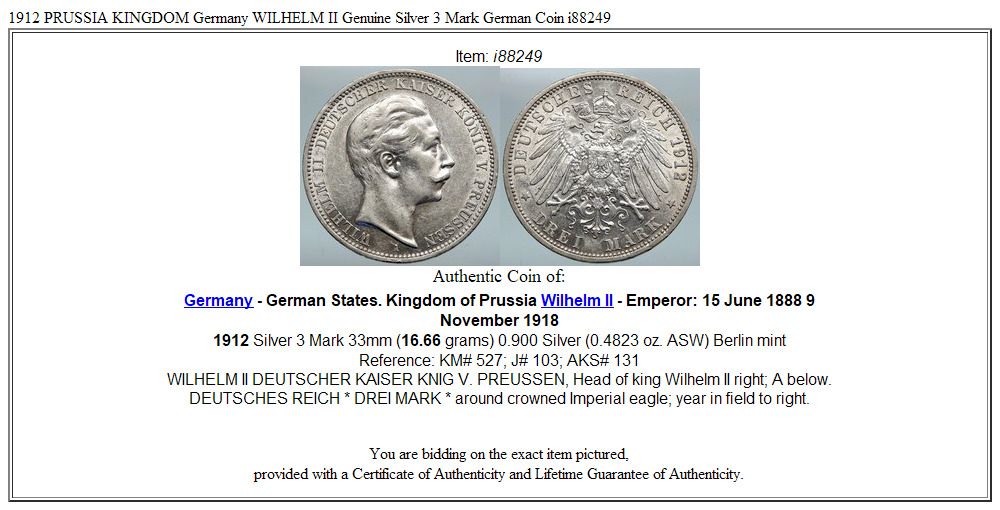 1912 PRUSSIA KINGDOM Germany WILHELM II Genuine Silver 3 Mark German Coin i88249