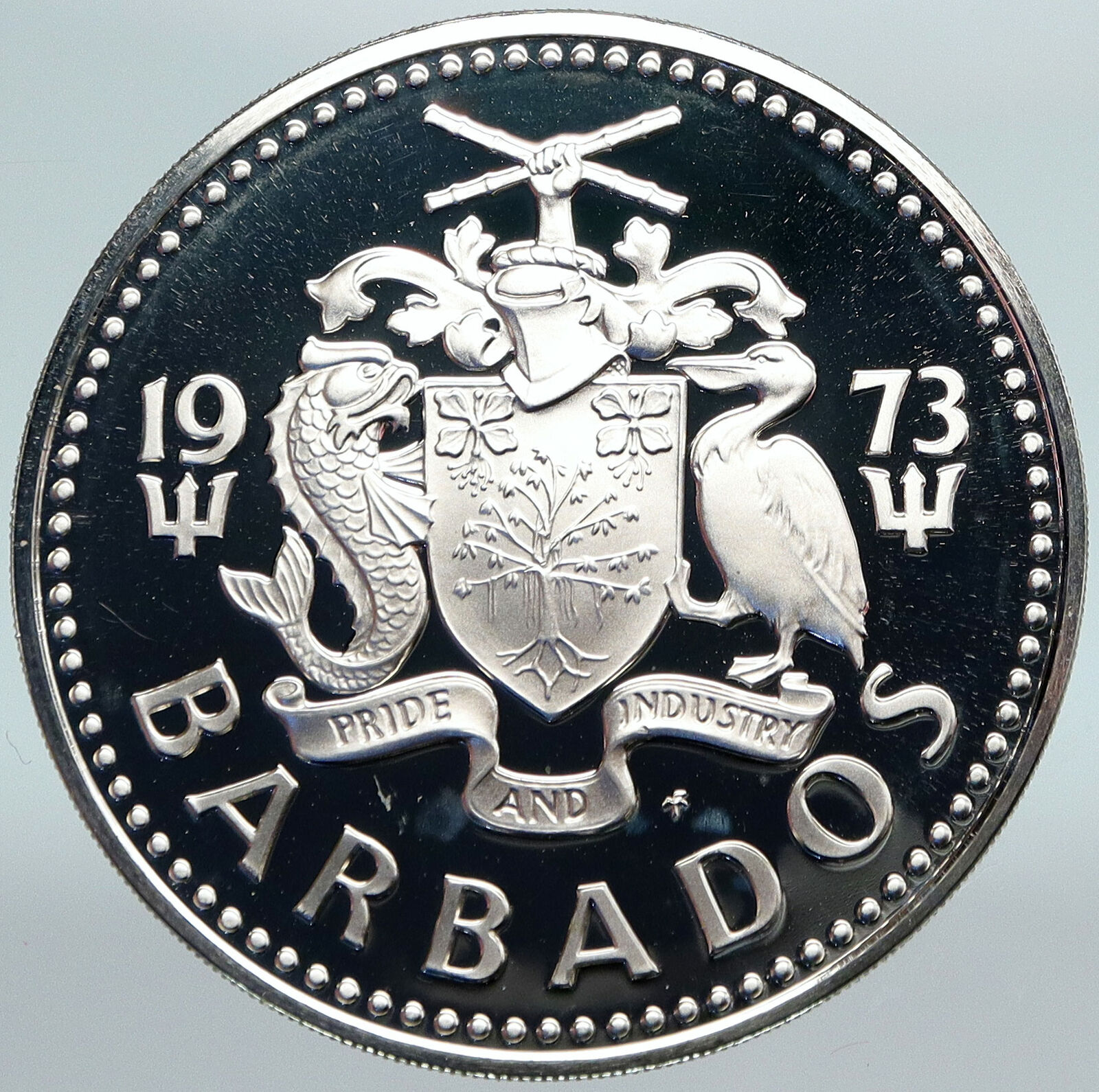 1973 BARBADOS Trafalgar Fountain Arms VINTAGE PROOF Silver 5 Dollars Coin i88247