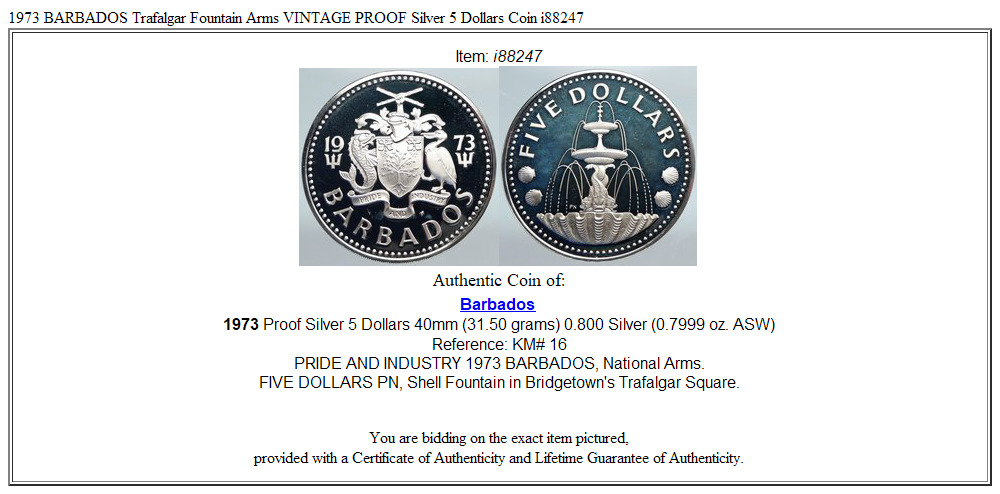 1973 BARBADOS Trafalgar Fountain Arms VINTAGE PROOF Silver 5 Dollars Coin i88247