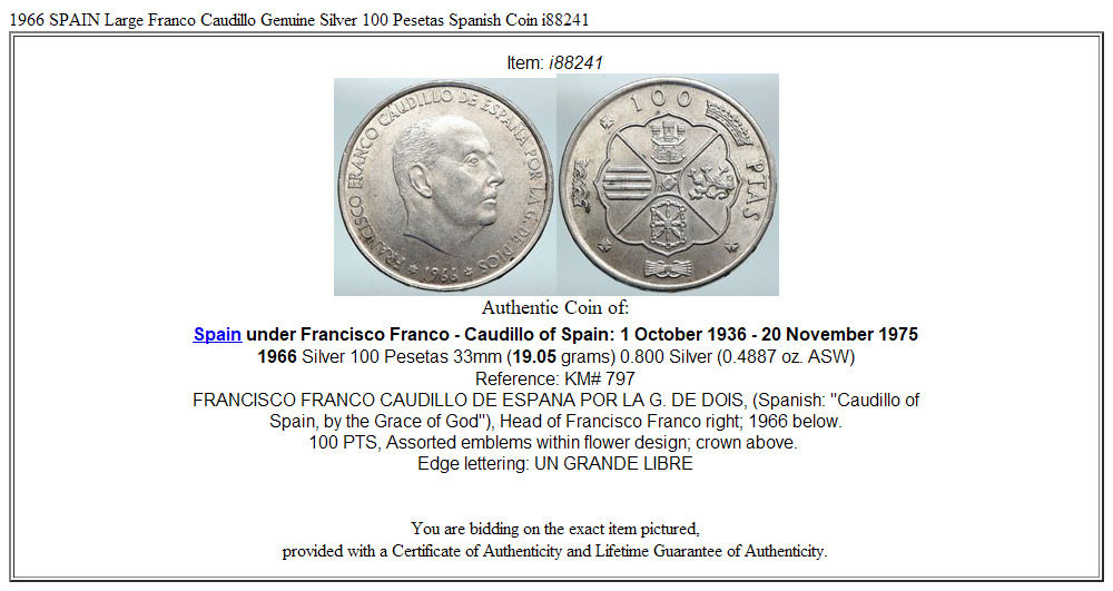 1966 SPAIN Large Franco Caudillo Genuine Silver 100 Pesetas Spanish Coin i88241