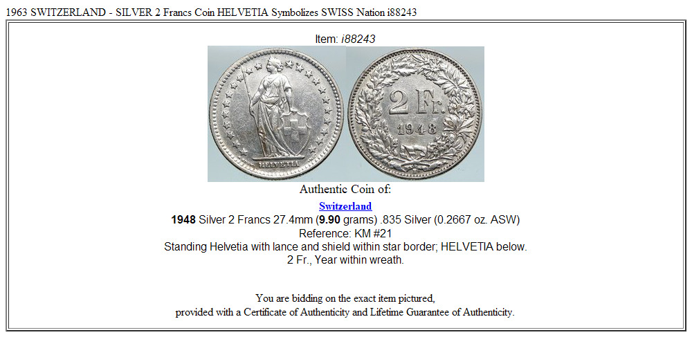 1963 SWITZERLAND - SILVER 2 Francs Coin HELVETIA Symbolizes SWISS Nation i88243