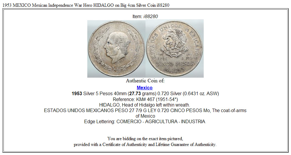 1953 MEXICO Mexican Independence War Hero HIDALGO on Big 4cm Silver Coin i88280