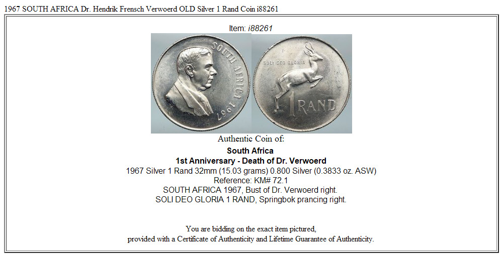 1967 SOUTH AFRICA Dr. Hendrik Frensch Verwoerd OLD Silver 1 Rand Coin i88261