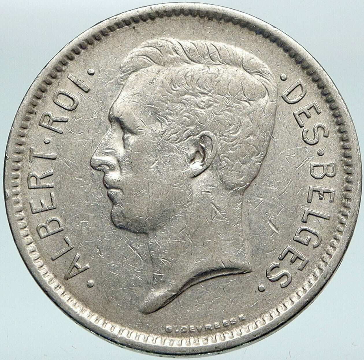 1933 BELGIUM King Albert I Crown Antique Old VINTAGE Silver 5 Francs Coin i88258