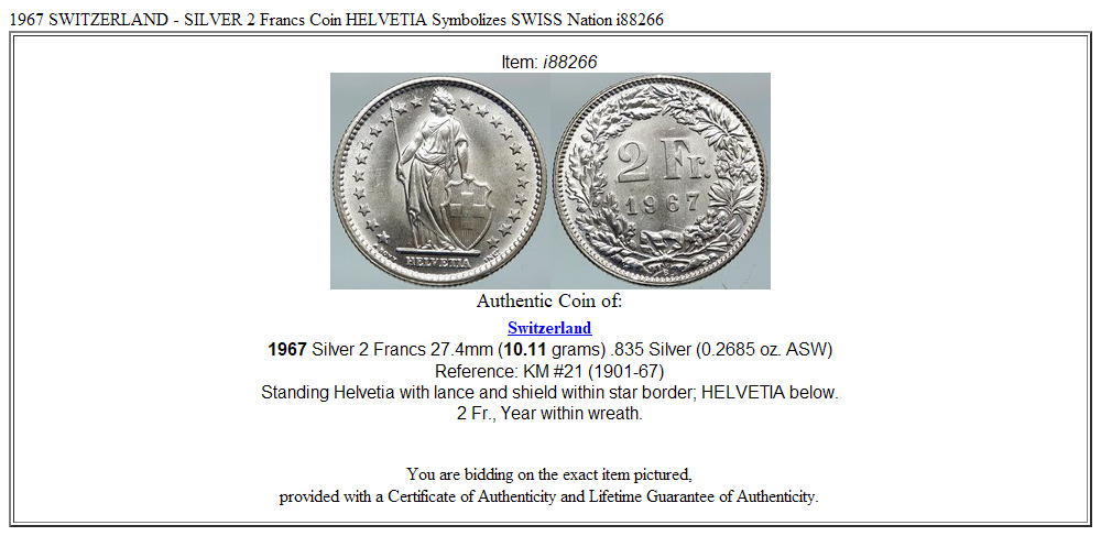 1967 SWITZERLAND - SILVER 2 Francs Coin HELVETIA Symbolizes SWISS Nation i88266