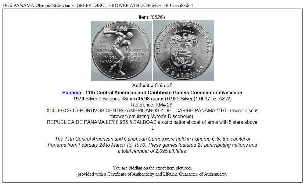 1970 PANAMA Olympic Style Games GREEK DISC THROWER ATHLETE Silver 5B Coin i88264