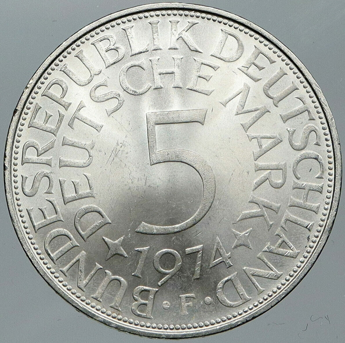 1974 F GERMANY Vintage Winged Eagle OLD German Large 5 Mark Silver Coin i88591