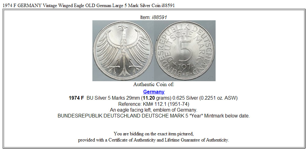 1974 F GERMANY Vintage Winged Eagle OLD German Large 5 Mark Silver Coin i88591