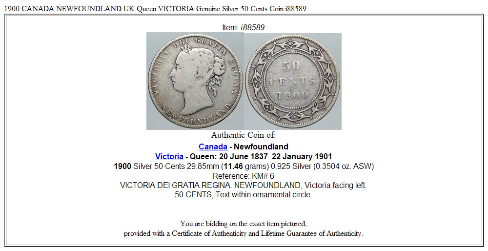 1900 CANADA NEWFOUNDLAND UK Queen VICTORIA Genuine Silver 50 Cents Coin i88589