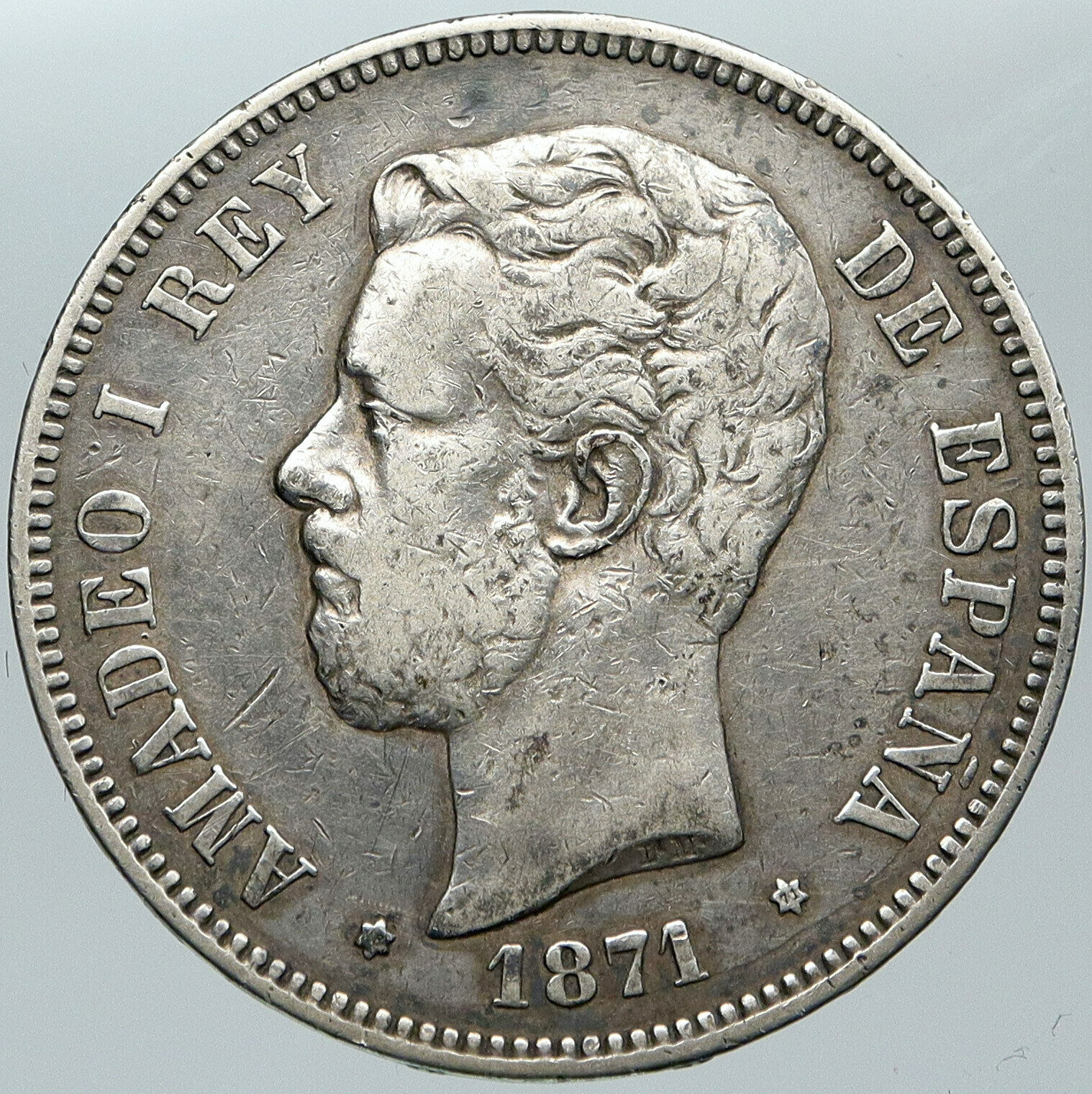 1871 SPAIN w King Amadeo I Amadeus Antique Silver 5 Pesetas Spanish Coin i88585