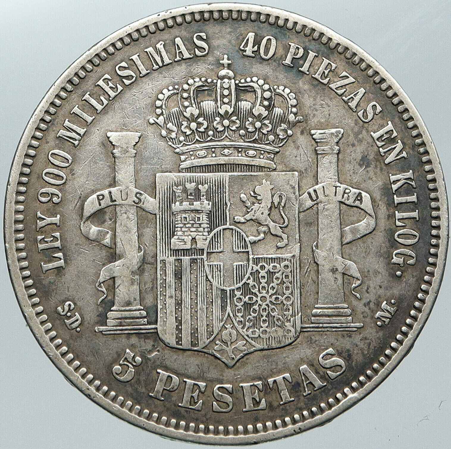 1871 SPAIN w King Amadeo I Amadeus Antique Silver 5 Pesetas Spanish Coin i88585