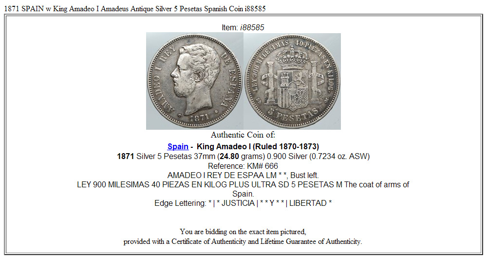 1871 SPAIN w King Amadeo I Amadeus Antique Silver 5 Pesetas Spanish Coin i88585