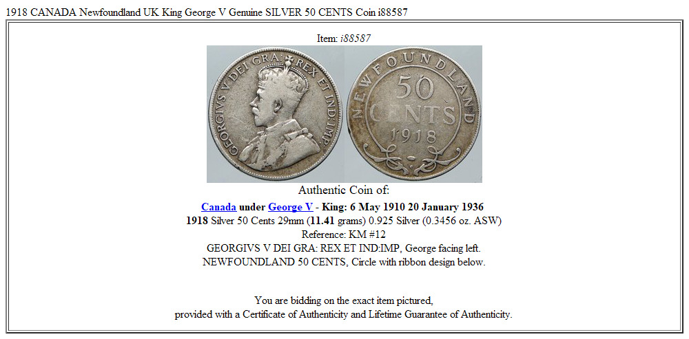 1918 CANADA Newfoundland UK King George V Genuine SILVER 50 CENTS Coin i88587