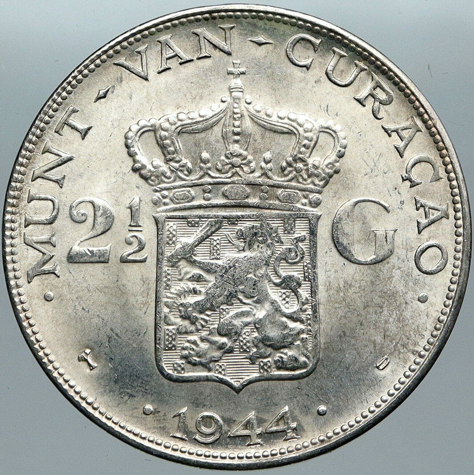 1944 CURACAO Netherlands Kingdom WILHELMINA Old Silver 2 1/2 Gulden Coin i88569