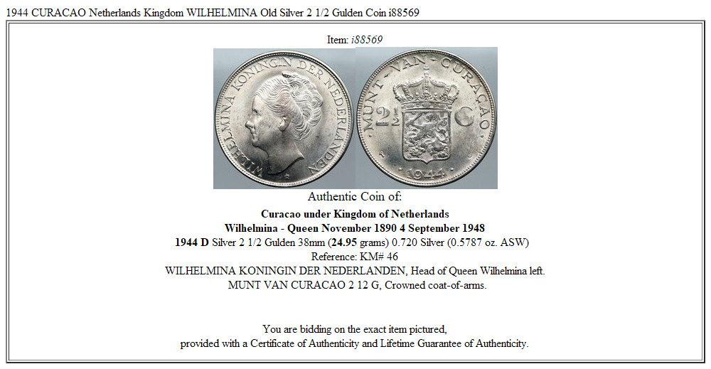 1944 CURACAO Netherlands Kingdom WILHELMINA Old Silver 2 1/2 Gulden Coin i88569