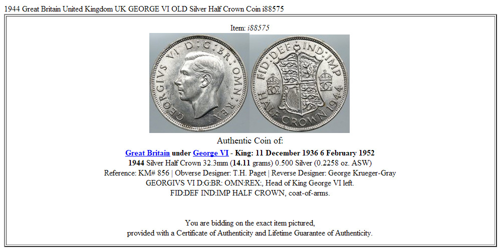 1944 Great Britain United Kingdom UK GEORGE VI OLD Silver Half Crown Coin i88575