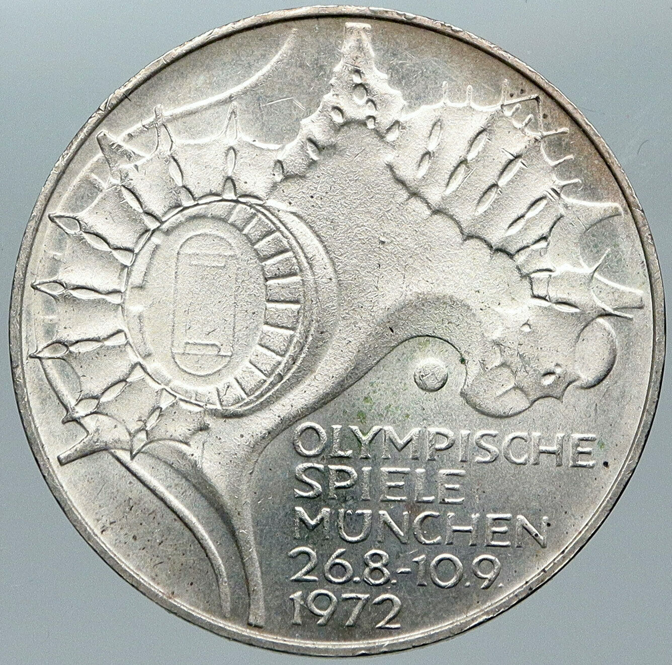 1972 Germany Munich Summer Olympics Stadium VINTAGE 10 Mark Silver Coin i88574