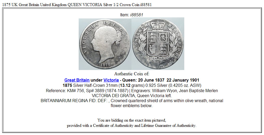 1875 UK Great Britain United Kingdom QUEEN VICTORIA Silver 1/2 Crown Coin i88581