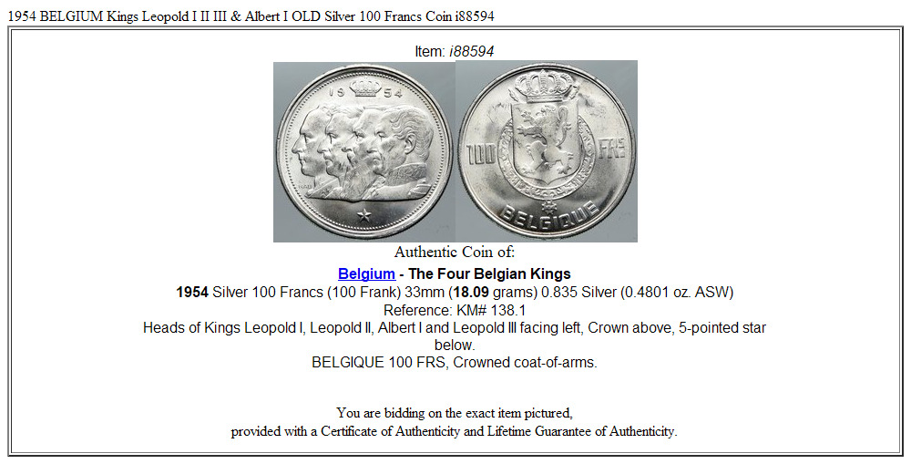 1954 BELGIUM Kings Leopold I II III & Albert I OLD Silver 100 Francs Coin i88594