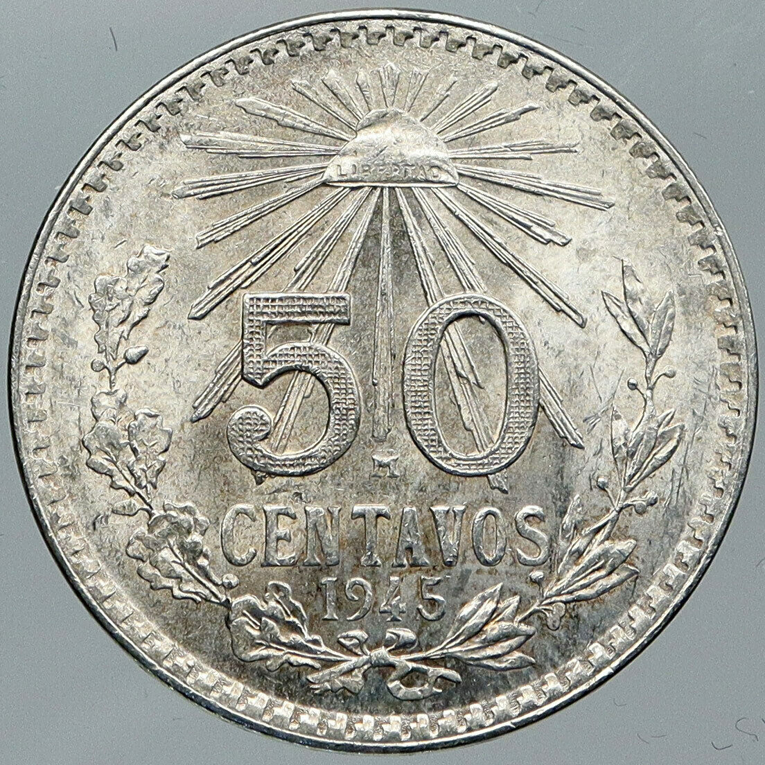 1945 MEXICO City EAGLE CACTUS SERPENT Old Silver 50 Centavos Mexican Coin i88596