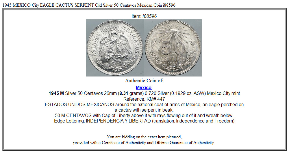 1945 MEXICO City EAGLE CACTUS SERPENT Old Silver 50 Centavos Mexican Coin i88596